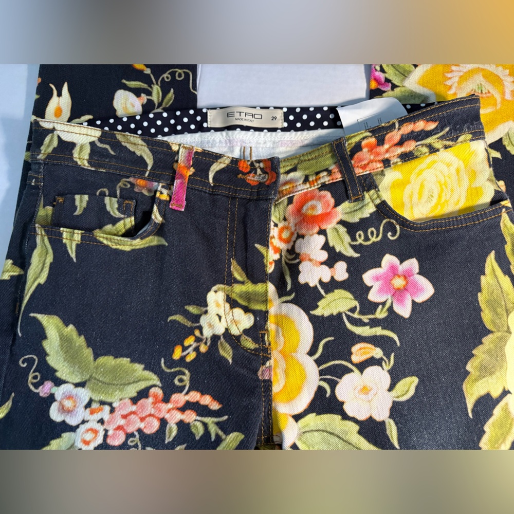 Etro Milano Designer Black Multicolor Floral Skinny Pants Size 29 Made In Italy - Picture 15 of 15